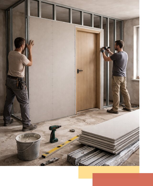 Перегородка из гипсокартона с дверью под ключ в Лениногорске