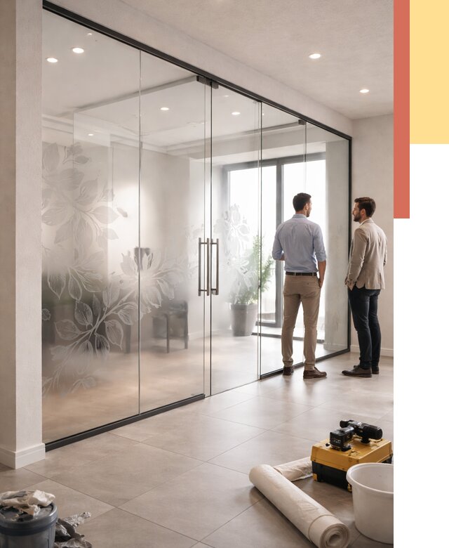 Стеклянные перегородки с рисунком в Лениногорске от 12900 руб. монтаж и нанесение | ОТДЕЛОЧНИК-Лнр