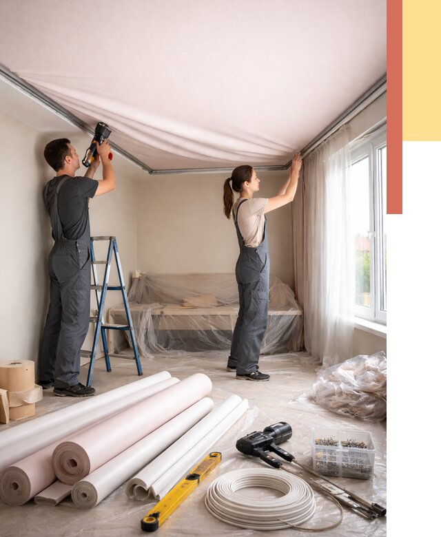 Монтаж цветного натяжного потолка в Лениногорске от 4334 руб/м² — быстро и недорого | ОТДЕЛОЧНИК-Лнр