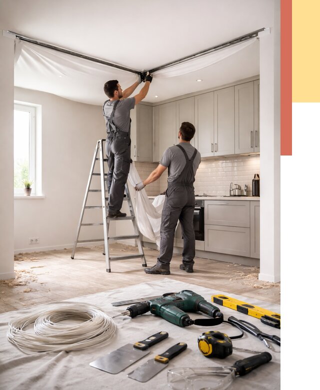 Установка натяжного потолка на кухне в Лениногорске от 2477 руб. | ОТДЕЛОЧНИК-Лнр