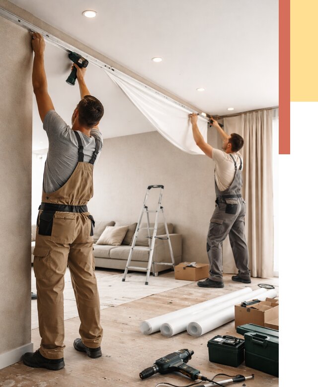 Монтаж натяжного потолка в гостиной в Лениногорске от 568 руб. | ОТДЕЛОЧНИК-Лнр