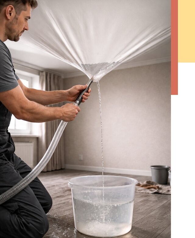 Слив воды с натяжного потолка в Лениногорске от 2580 руб. быстро и недорого | ОТДЕЛОЧНИК-Лнр