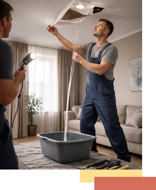 Слив воды с натяжного потолка в Лениногорске быстро и аккуратно