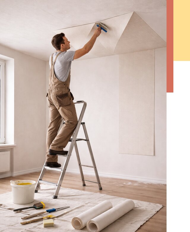 Поклейка обоев на потолок в Лениногорске от 4644 руб. быстро и недорого | ОТДЕЛОЧНИК-Лнр